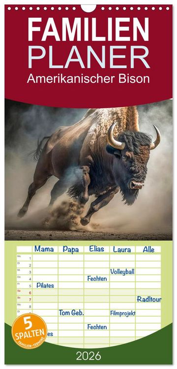 Produktbild: Familienplaner 2026 - Amerikanischer Bison mit 5 Spalten (Wandkalender, 21 x 45 cm) CALVENDO