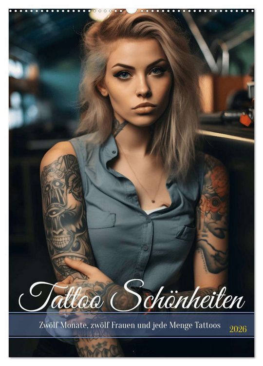 Produktbild: Tattoo Sch&ouml;nheiten - zw&ouml;lf Monate, zw&ouml;lf Frauen und jede Menge Tattoos (Wandkalender 2026 DIN A2 hoch), CALVENDO Monatskalender