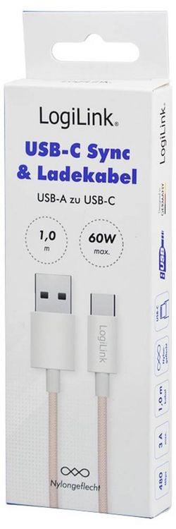 Produktbild: LogiLink USB-C&reg; Kabel USB 2.0 USB-A Stecker, USB-C&reg; Stecker 1m Rosa CU0324