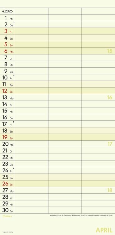 Planer für zwei 2026 mit 3 Spalten - Familien-Timer 22x45 cm - Offset-Papier - mit Ferienterminen - Wand-Planer - Familienkalender - Alpha Edition
