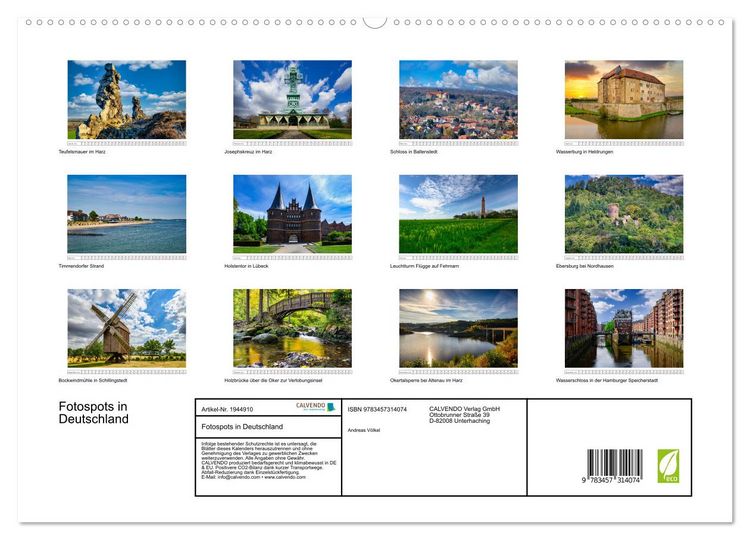 Produktbild: Fotospots in Deutschland (hochwertiger Premium Wandkalender 2026 DIN A2 quer), Kunstdruck in Hochglanz