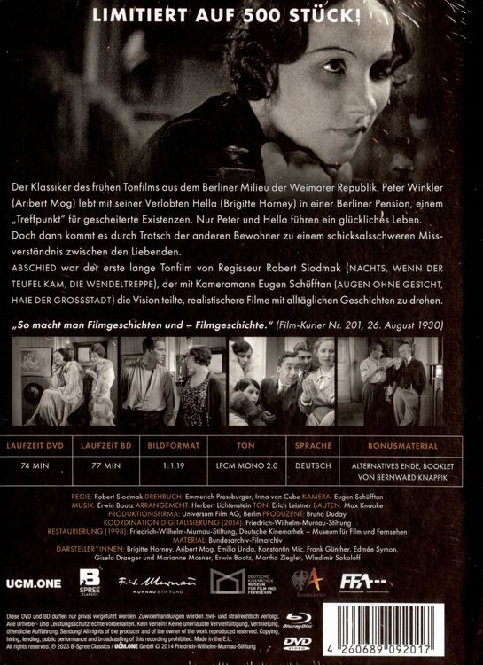 Produktbild: ABSCHIED - Limited Mediabook (Kinofassung, komplett restauriert, 32-seitiges Booklet, Blu-ray+DVD, auf 500 St&uuml;ck limitiert)