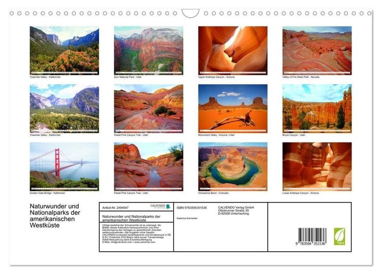 Produktbild: Naturwunder und Nationalparks der amerikanischen Westk&uuml;ste (Wandkalender 2027 DIN A3 quer), CALVENDO Monatskalender