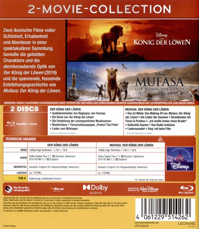 Produktbild: Der K&ouml;nig der L&ouml;wen+Mufasa (Live-Action) [2 BRs]