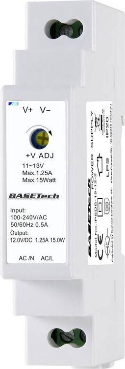 Produktbild: Basetech BT-2250247 Hutschienen-Netzteil (DIN-Rail) 12 V 1.25 A 15 W Anzahl Ausg&auml;nge:1 x Inhalt 1 St.