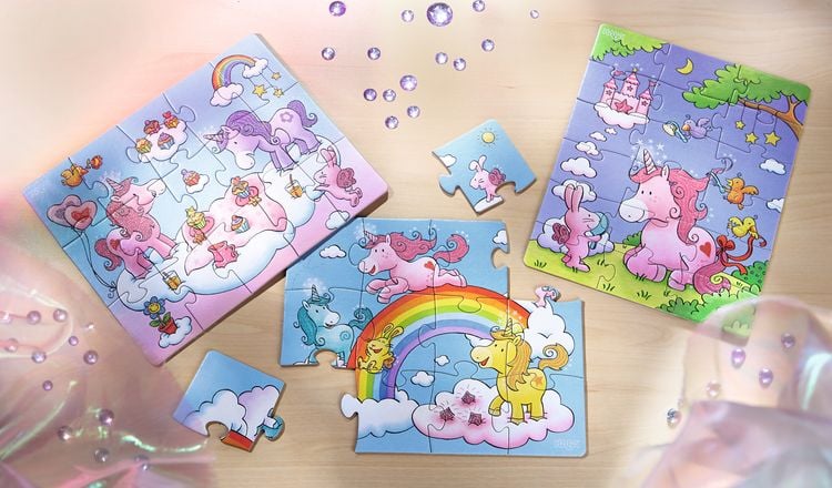 Produktbild: Puzzles Einhorn Glitzergl&uuml;ck. 3 Motive 12, 15, 18 Teile