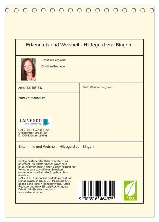 Produktbild: Erkenntnis und Weisheit - Hildegard von Bingen (Tischkalender 2026 DIN A5 hoch), CALVENDO Monatskalender