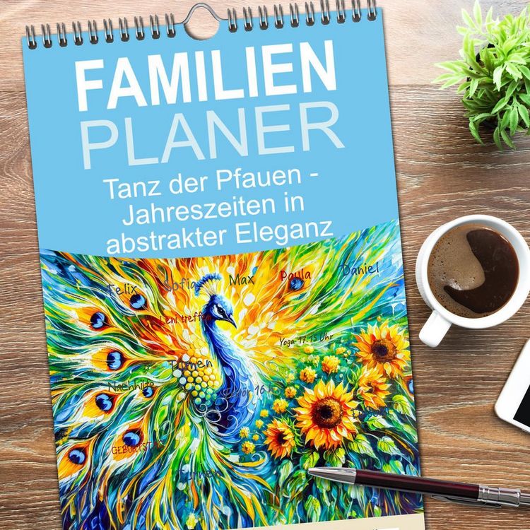 Produktbild: Familienplaner 2026 - Tanz der Pfauen - Jahreszeiten in abstrakter Eleganz mit 5 Spalten (Wandkalender, 21 x 45 cm) CALVENDO