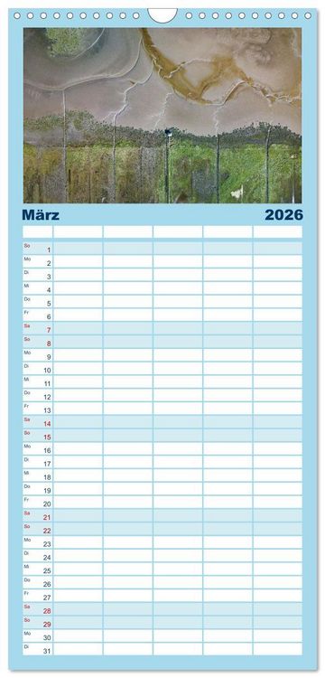 Produktbild: Familienplaner 2026 - neunziggrad I photoart: das wattenmeer von oben mit 5 Spalten (Wandkalender, 21 x 45 cm) CALVENDO