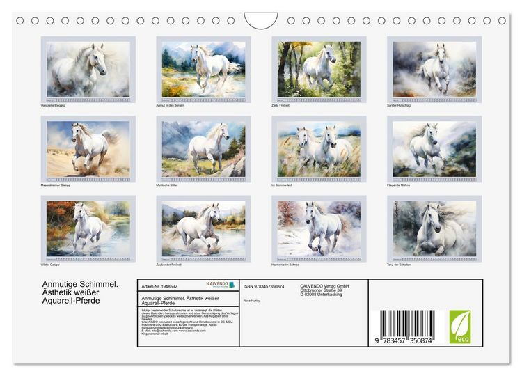 Produktbild: Anmutige Schimmel. &Auml;sthetik wei&szlig;er Aquarell-Pferde (Wandkalender 2026 DIN A4 quer), CALVENDO Monatskalender