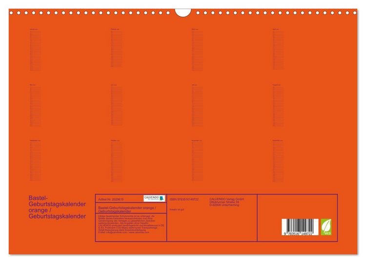 Produktbild: Bastel-Geburtstagskalender orange / Geburtstagskalender (Wandkalender 2026 DIN A3 quer), CALVENDO Monatskalender