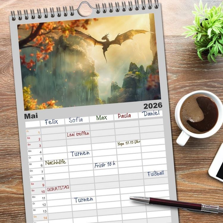 Produktbild: Familienplaner 2026 - Das Jahr der Drachen mit 5 Spalten (Wandkalender, 21 x 45 cm) CALVENDO