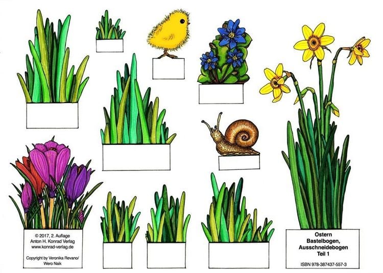 Produktbild: Ostern - Bastelbogen, Ausschneidebogen. Osterhase, Ostereier, K&uuml;ken und Blumen zum Basteln.