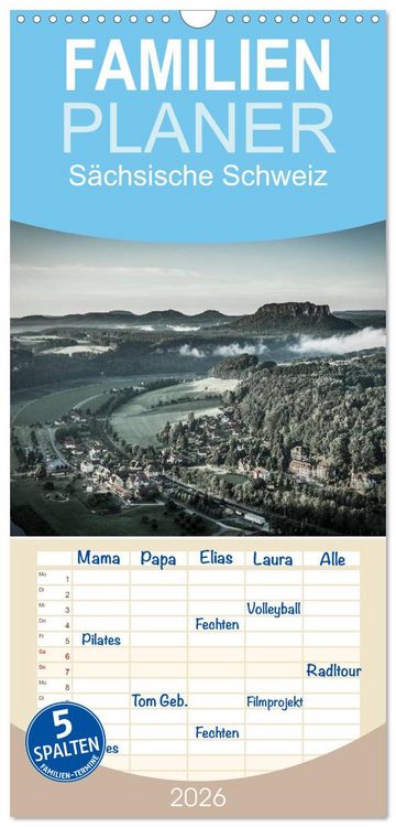 Produktbild: Familienplaner 2026 - S&auml;chsische Schweiz mit 5 Spalten (Wandkalender, 21 x 45 cm) CALVENDO