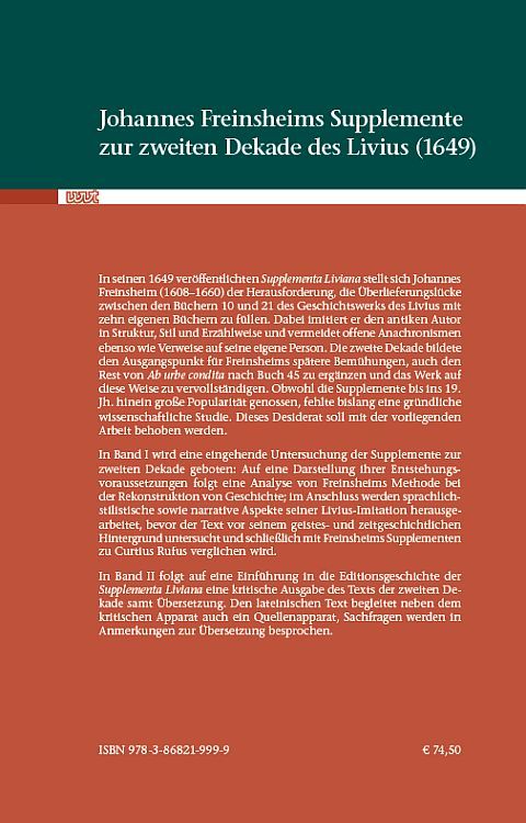 Produktbild: Johannes Freinsheims Supplemente zur zweiten Dekade des Livius (1649). Untersuchung, kritische Edition, &Uuml;bersetzung