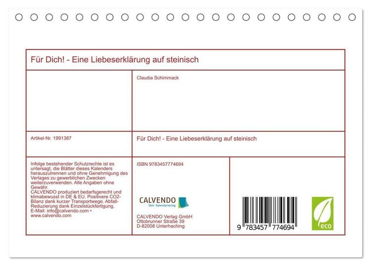 Produktbild: F&uuml;r Dich! - Eine Liebeserkl&auml;rung auf steinisch (Tischkalender 2026 DIN A5 quer), CALVENDO Monatskalender