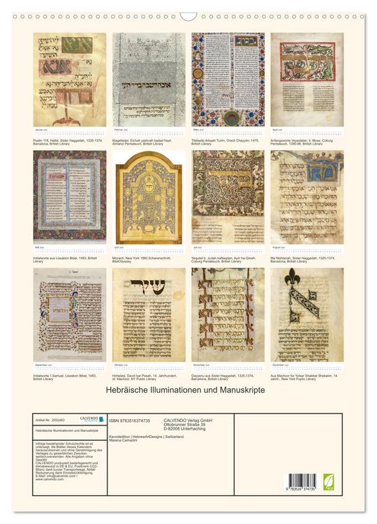 Produktbild: Hebr&auml;ische Illuminationen und Manuskripte (Wandkalender 2026 DIN A2 hoch), CALVENDO Monatskalender