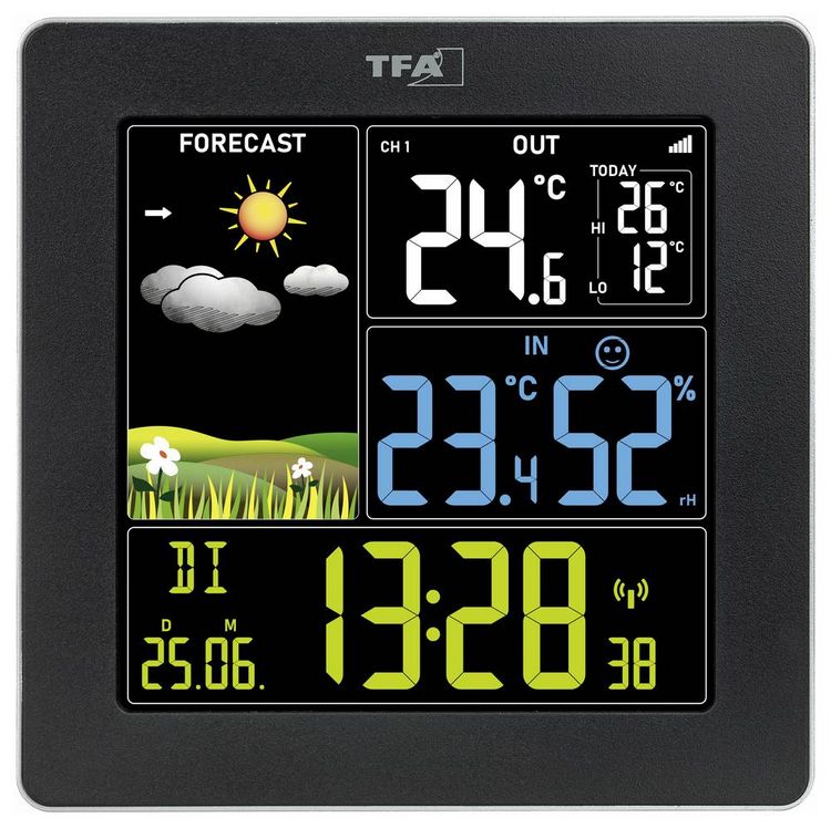 Produktbild: TFA Dostmann Funk-Wetterstation mit Farbdisplay SUN 2 35.1174.01 Funk-Wetterstation Vorhersage f&uuml;r 12 bis 24 Stunden Anzahl Sensoren max. 3 St.