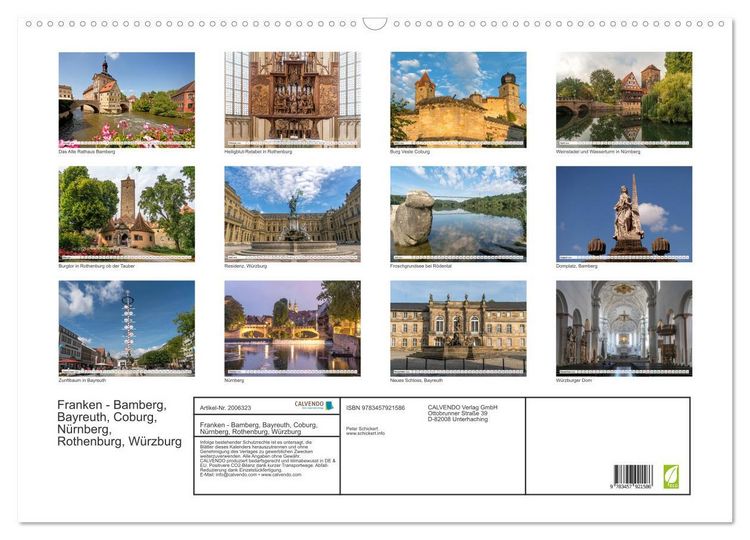 Produktbild: Franken - Bamberg, Bayreuth, Coburg, N&uuml;rnberg, Rothenburg, W&uuml;rzburg (Wandkalender 2026 DIN A2 quer), CALVENDO Monatskalender