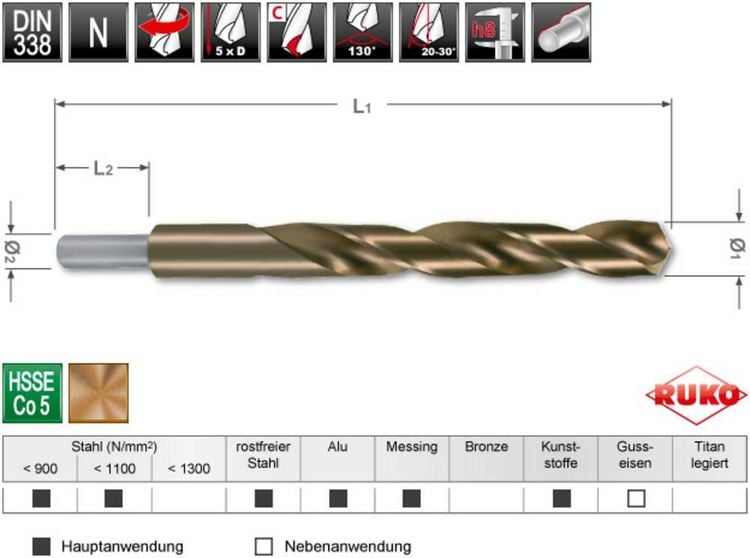 Produktbild: RUKO 2005140 HSSE-Co 5 Spiralbohrer 14 mm Gesamtl&auml;nge 160 mm DIN 338 1 St.