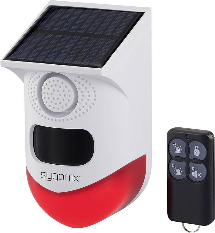 Produktbild: Sygonix Mini-Alarmanlage Wei&szlig;, Rot mit LED, mit Bewegungsmelder, mit Fernbedienung, mit Solar, mit WLAN 120 dB SY-6515320