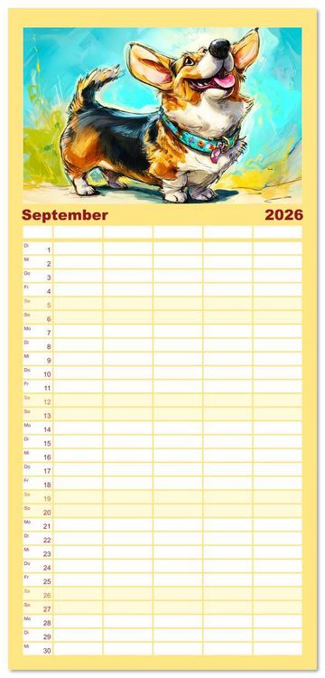 Produktbild: Familienplaner 2026 - Lustige Corgis. Niedliche Cartoons von gl&uuml;cklichen Hunden mit 5 Spalten (Wandkalender, 21 x 45 cm) CALVENDO