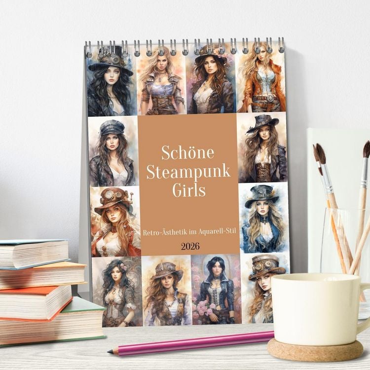 Produktbild: Sch&ouml;ne Steampunk Girls. Retro-&Auml;sthetik im Aquarell-Stil (Tischkalender 2026 DIN A5 hoch), CALVENDO Monatskalender
