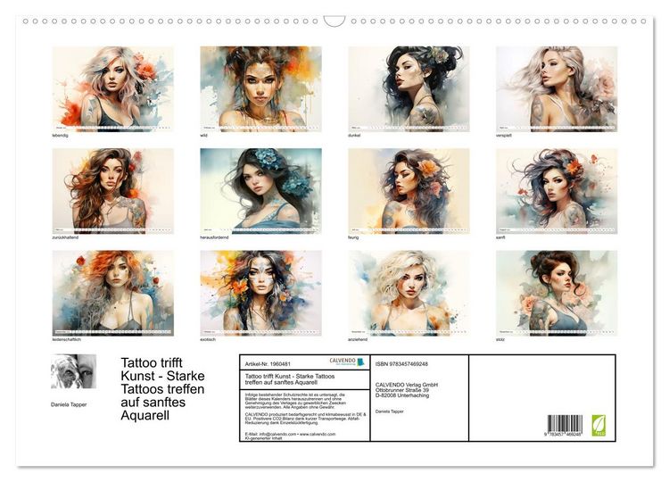 Produktbild: Tattoo trifft Kunst - Starke Tattoos treffen auf sanftes Aquarell (Wandkalender 2026 DIN A2 quer), CALVENDO Monatskalender