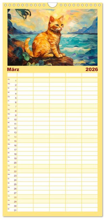 Produktbild: Familienplaner 2026 - Lustige Katzen im Stil der Meister mit 5 Spalten (Wandkalender, 21 x 45 cm) CALVENDO