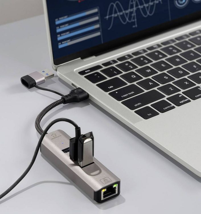 Produktbild: Renkforce RF-6856046 USB-Hub 3 Port USB-A, RJ45 USB 3.2 Gen1 5 GBit/s mit eingebautem Netzwerk-Anschluss Grau RF-EAWH-300