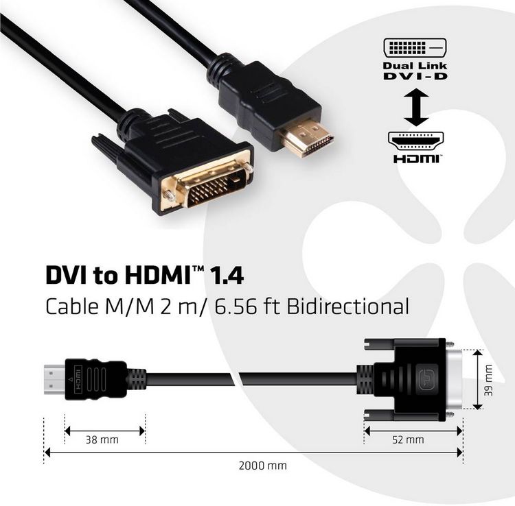 Produktbild: club3D DVI / HDMI Adapterkabel DVI-D 24+1pol. Stecker, HDMI-A Stecker 2.00 m Schwarz CAC-1210 Flammwidrig DVI-Kabel