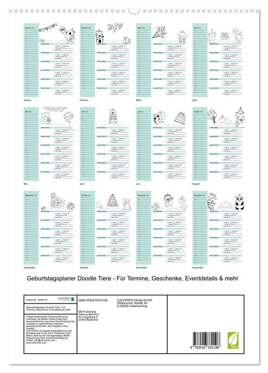 Produktbild: Geburtstagsplaner Doodle Tiere - F&uuml;r Termine, Geschenke, Eventdetails & mehr (hochwertiger Premium Wandkalender 2026 DIN A2 hoch), Kunstdruck in Hochglanz
