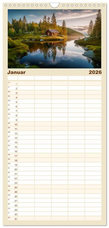 Produktbild: Familienplaner 2026 - H&uuml;ttenzauber - Ein visueller Streifzug durch Norwegens Wildnis mit 5 Spalten (Wandkalender, 21 x 45 cm) CALVENDO