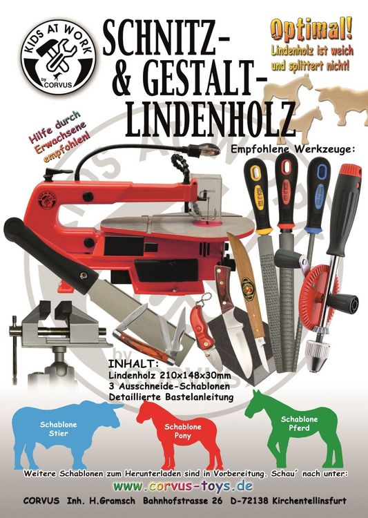 Produktbild: Corvus A600588 - Kids-at-Work, Hoftiere 1 (Pferd/Pony/Rind), Schnitz- & Gestalt-Lindenholz A6/20mm