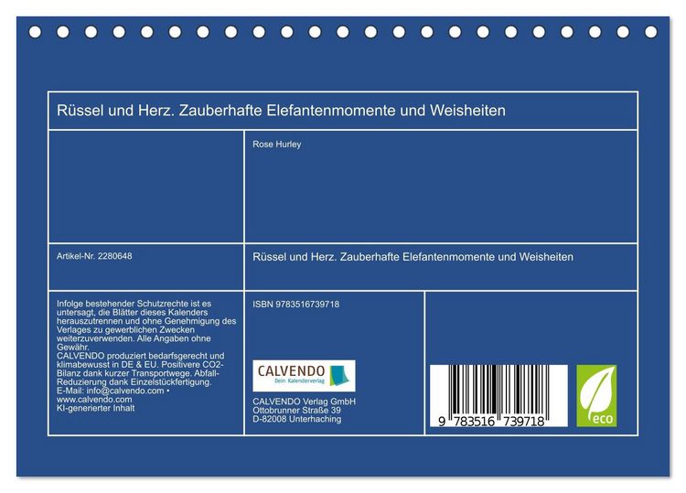 Produktbild: R&uuml;ssel und Herz. Zauberhafte Elefantenmomente und Weisheiten (Tischkalender 2026 DIN A5 quer), CALVENDO Monatskalender