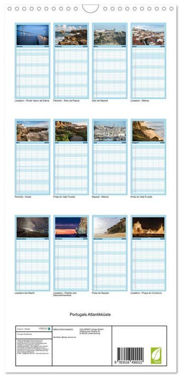 Produktbild: Familienplaner 2026 - Portugals Atlantikk&uuml;ste mit 5 Spalten (Wandkalender, 21 x 45 cm) CALVENDO