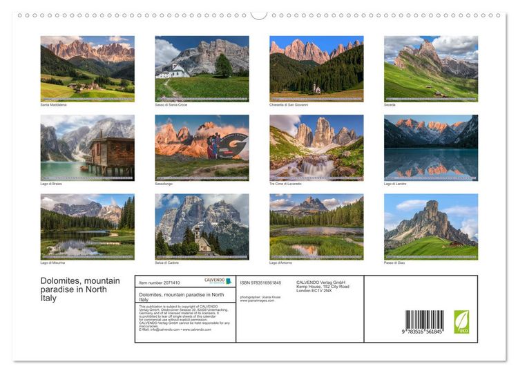 Produktbild: Dolomites, mountain paradise in North Italy (High Quality Premium Wall Calendar 2026 DIN A2 landscape),CALVENDO 12 Month Wall Calendar