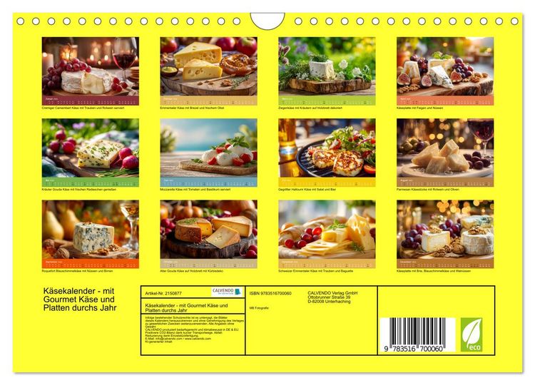 Produktbild: K&auml;sekalender - mit Gourmet K&auml;se und Platten durchs Jahr (Wandkalender 2026 DIN A4 quer), CALVENDO Monatskalender