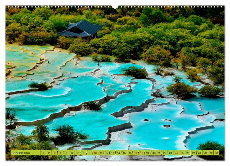 Produktbild: Die magischen Gew&auml;sser von Jiuzhaigou und Huanglong (hochwertiger Premium Wandkalender 2026 DIN A2 quer), Kunstdruck in Hochglanz