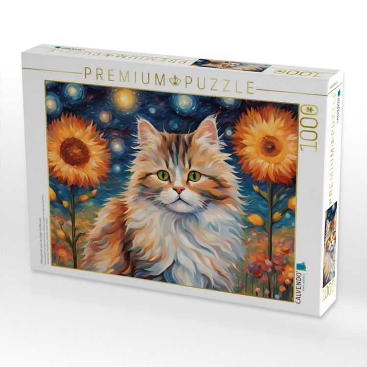 Produktbild: CALVENDO Puzzle Katze gemalt nach van Gogh mit Blumen | 1000 Teile Lege-Gr&ouml;&szlig;e 64x48cm Foto-Puzzle f&uuml;r gl&uuml;ckliche Stunden