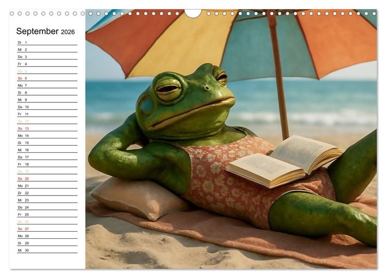 Produktbild: Frosch am Strand - Sommer, Sonne, gr&uuml;ne Haut (Wandkalender 2026 DIN A3 quer), CALVENDO Monatskalender