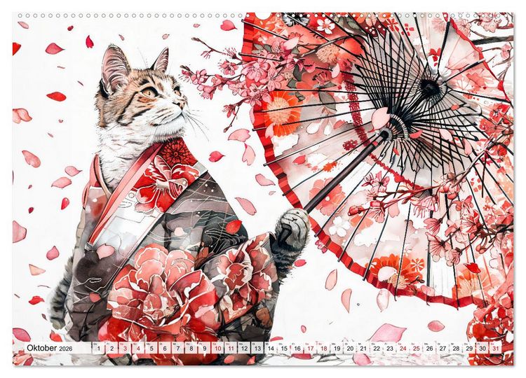 Produktbild: Geisha-Katzen - Mit Bl&uuml;ten, Schirm und Bambus im Japanstil (hochwertiger Premium Wandkalender 2026 DIN A2 quer), Kunstdruck in Hochglanz
