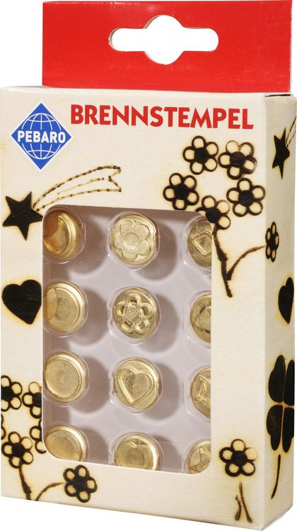 Produktbild: PEBARO 20200 - Brennstempel I, 12-teilig, Motive: Blume/Raute/Mond/Kreis/Herz/Stern, passend zum Pebaro-Brandkolben, Brandmalerei