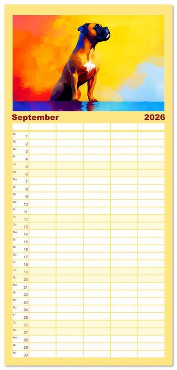 Produktbild: Familienplaner 2026 - Kraftvolle Partner. Hunde in k&uuml;nstlerischer &Ouml;loptik mit 5 Spalten (Wandkalender, 21 x 45 cm) CALVENDO