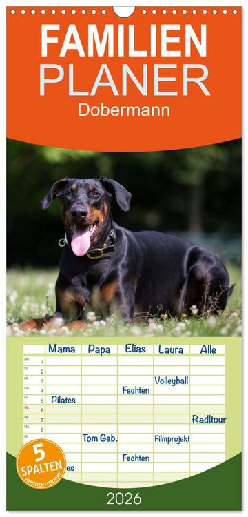 Produktbild: Familienplaner 2026 - Dobermann mit 5 Spalten (Wandkalender, 21 x 45 cm) CALVENDO