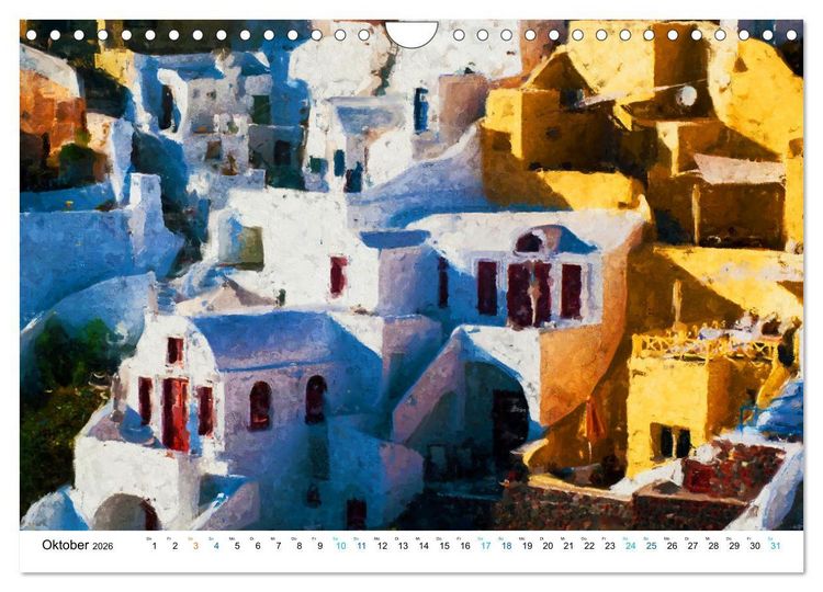 Produktbild: Urlaub auf Santorin - Gemalte Ansichten der Kykladeninsel (Wandkalender 2026 DIN A4 quer), CALVENDO Monatskalender