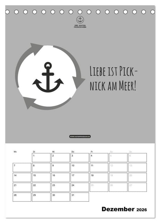 Produktbild: hafenprinzessin: Ankertr&auml;ume & Meer - Der moderne Zitate-Wandkalender f&uuml;r maritime Lebensmomente! (Tischkalender 2026 DIN A5 hoch), CALVENDO Monatskalender