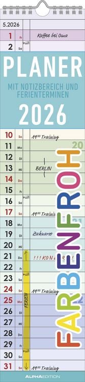 Bild vom Artikel Planer Farbenfroh 2026 - Streifen-Kalender 11,3x49x5 cm - Küchenkalender - Wandplaner - Alpha Edition vom Autor Alpha Edition
