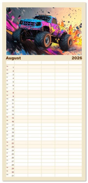 Produktbild: Familienplaner 2026 - Die Macht der Monstertrucks mit 5 Spalten (Wandkalender, 21 x 45 cm) CALVENDO