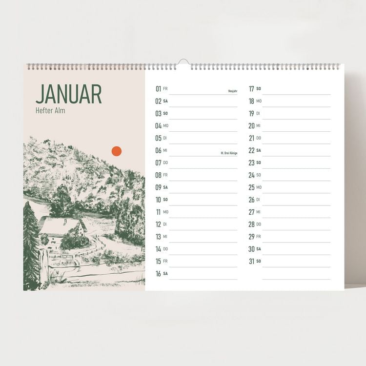 Produktbild: Alm Kalender 2027 &ndash; Chiemgauer Alpen | Handgezeichneter Wandkalender mit 12 Almen | Illustrativer Monatskalender, A4 quer